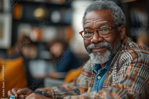 A senior African American man with a warm smile participates in a game, portraying engagement and well-being in older age