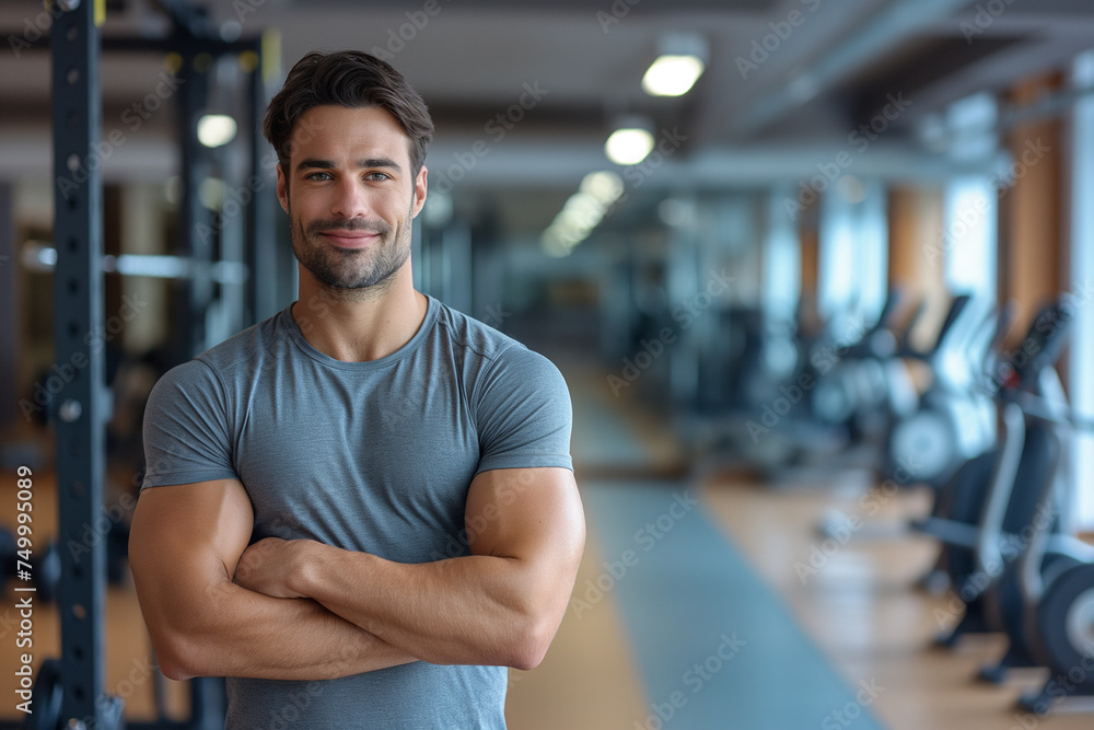 In the gym, a casually dressed man, smiles at the camera with folded arms. Natural lighting accentuates his genuine expression. In the gym, a casually dressed man, smiles at the camera with folded arms. Natural lighting accentuates his genuine expression.