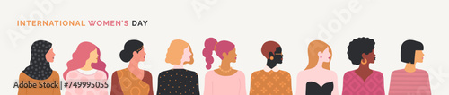 International Women's Day concept. Vector horizontal illustration in modern minimalist style of a group of diverse multiracial women's portraits. Isolated on white background