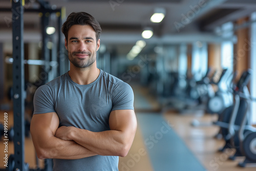 In the gym, a casually dressed man, smiles at the camera with folded arms. Natural lighting accentuates his genuine expression.