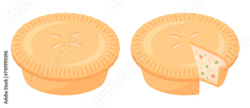 Cartoon chicken pot pie drawing. Traditional pie with chicken and vegetables filling, whole and cut. Isolated vector clip art illustration.