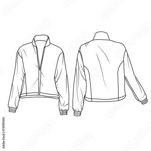 Template vector illustration hand drawn of women running sport wear Jacket line art, front and back view, isolated on white background for kids coloring book.