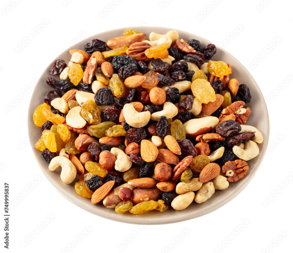 Mix of dried nuts and raisins isolated on white. Mix of dried nuts and raisins isolated on white.