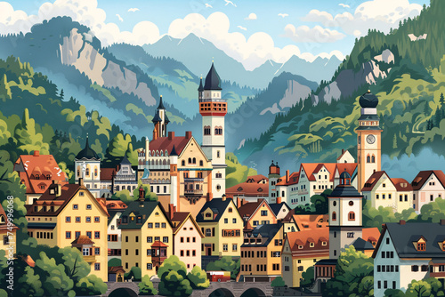 Illustration of an old German-style town in front of a Bavarian mountain range 