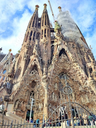 Exterior view of the Basilica de la Sagrada Familia, a Catholic church under construction in the Eixample district of Barcelona, Catalonia, Spain.
