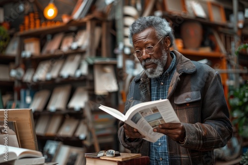 An elderly man is absorbed in reading a book within the charming confines of a rustic bookshop