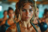 Female athlete with tattoo among fitness class members looking focused