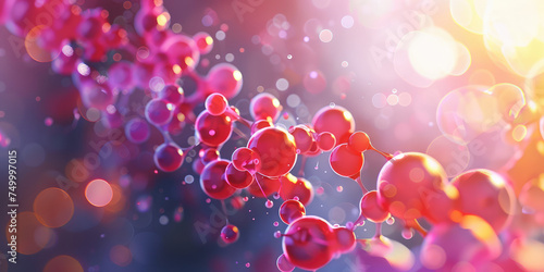 Abstract Molecular Structure Representation. 3D illustration of colorful molecules representing amino acids, with a soft-focus background.