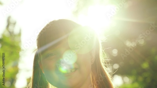 happy little girl smiling looking camera, child portrait, child girl face smile sunset, children smile park sunset, girl daughter laughing, summer bokeh background, schoolgirl face close-up