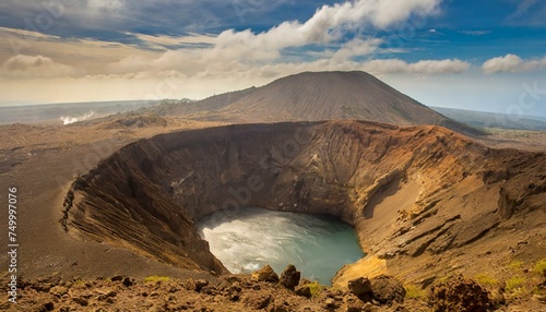 A giant crater and a beautiful blue sky, volcano, geology