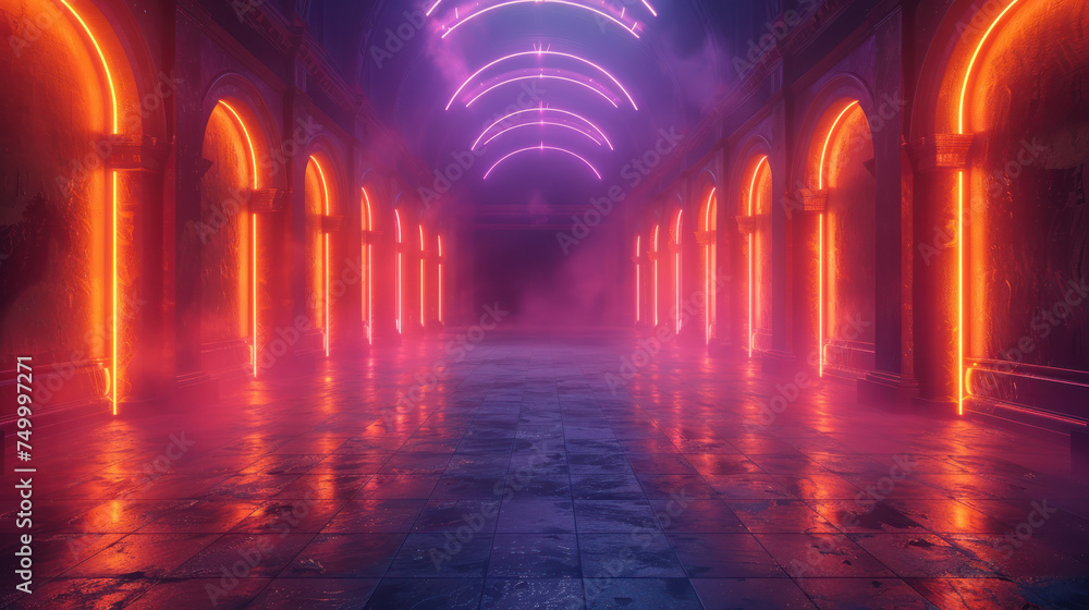 Illuminated Hallway With Neon Lights and Arches