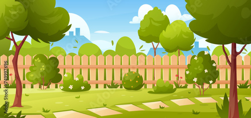 House backyard. Vector illustration of backyard with trees, bushes, green grass lawn, flowers and wood fence. Horizontal garden banner. Spring or summer landscape. Patio area for BBQ, birthday parties