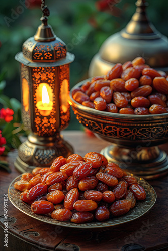 Bowl of dates with a candle on it. Ready to eat for iftar time. Islamic religion and ramadan concept
