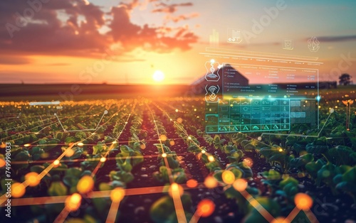 Precision Farming Technology at Sunset, Sunset over a high-tech agricultural field with digital monitoring interfaces showcasing precision farming. photo