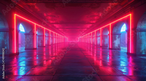 Long Hallway With Red and Blue Lights