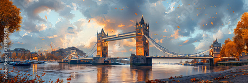 Panoramic View of the Famous Tower Bridge of London,
Illuminated landmark reflects on water majestic man made structure 
