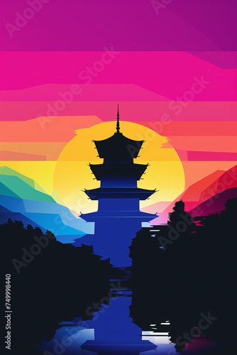 A vector graphic of an ancient Chinese pagoda with a modern twist set against a funky abstract background Game assets feminist art low poly blacklight