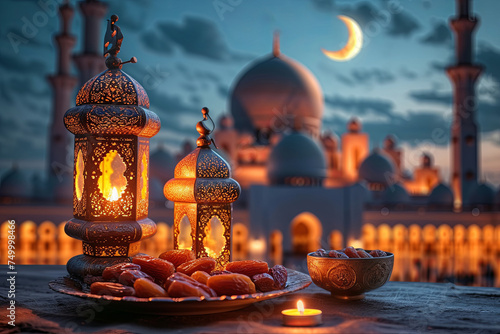 Ramadan iftar dates on wooden table and evening mosque background photo