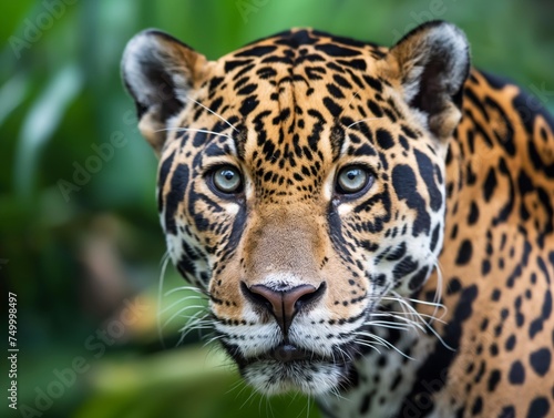 A captivating close-up of a jaguar  its gaze piercing through the surroundings  showcasing its majestic beauty