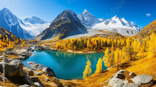 Bright colorful yellow autumn mountain lake