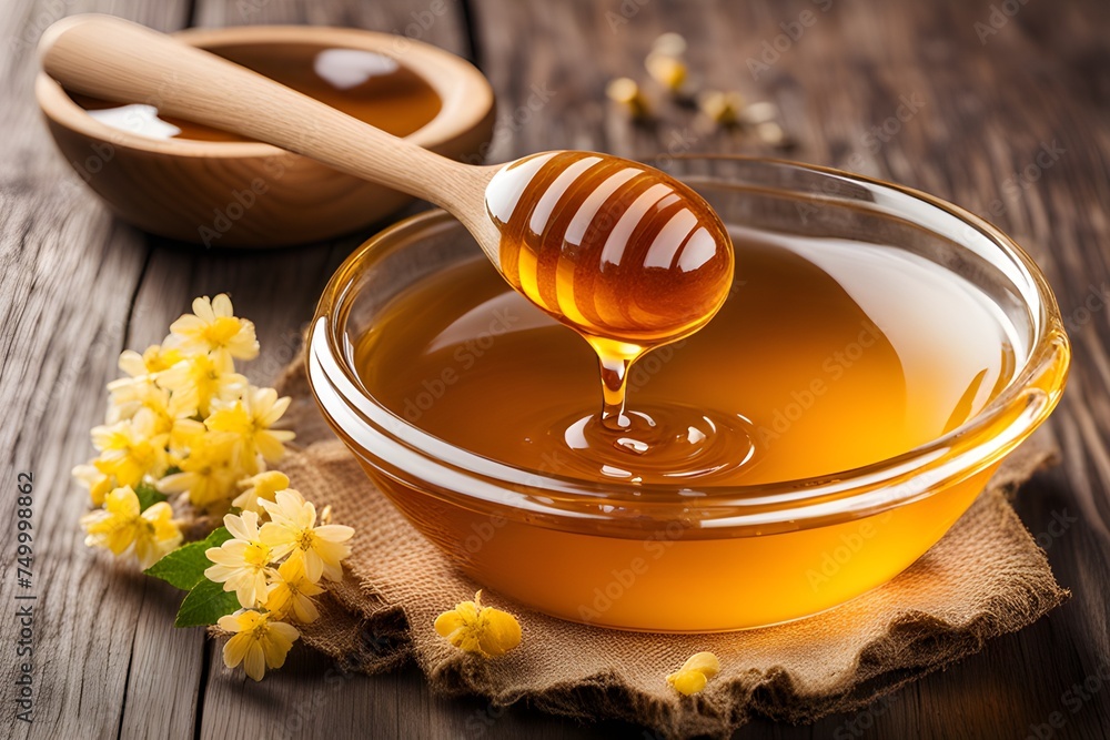 honey dripping from a wooden spoon - obrazy, fototapety, plakaty 