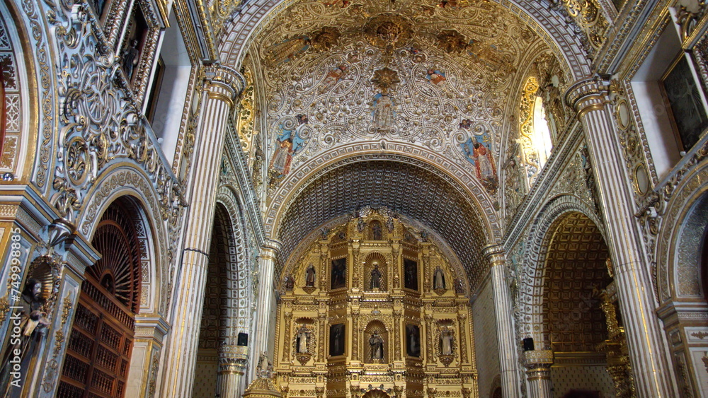 Altar and ceiling detail in the Church and Convent of Santo Domingo de Guzman in Oaxaca, Mexico
