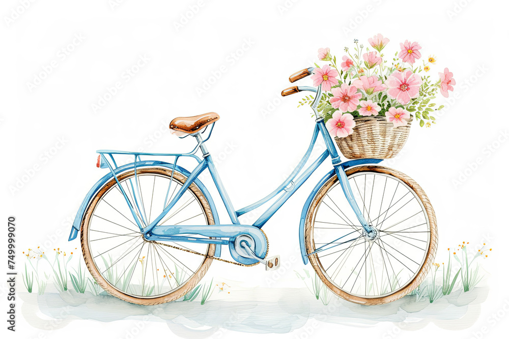 beautiful elegant minimal design of bicycle for women with pastel flowers in the front basket, watercolour style, white background Generative AI