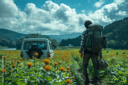 A traveler with a backpack gazes at a landscape of flowers with his camper van nearby, ready for an adventure