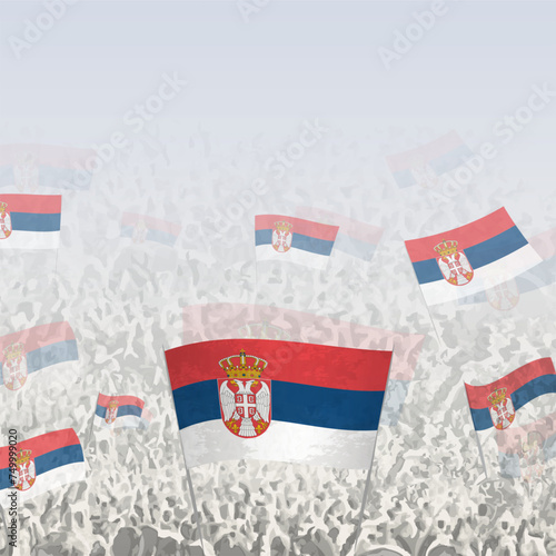 Crowd of people waving flag of Serbia square graphic for social media and news.