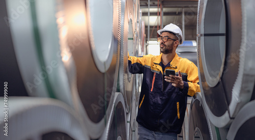 Latino engineer in safety helmet uniform working in heavy steel engineering factory. Hispanic technician manager worker using mobile inspecting metalwork product manufacturing facility workplace