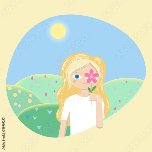 Girl with a flower in her hand against the backdrop of spring flowering meadows under the sun. Isolated on yellow  vector simple illustration for web  print  card  notebook  poster.