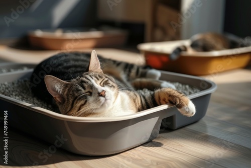 Relaxed Domestic Cat Enjoying Sunlight in a Serene Room with Multiple Litter Box Choices, Emphasizing the Importance of Pet Comfort and Hygiene