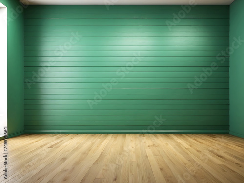 Green empty room with a wooden floor and a wall. Free copy space background wallpaper design