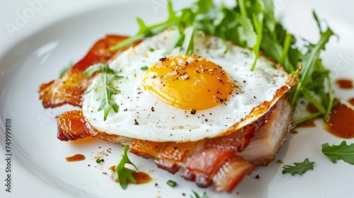 Fried Egg on Crispy Bacon with Arugula