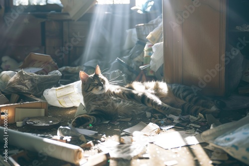 Cute Cat Napping in Sunbeam, Playfully Mimicking Yoga Pose Amongst Scattered Items, Capturing the Concept of Relaxation and Whimsy