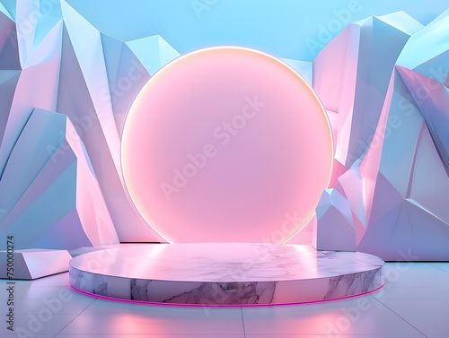 Modern Stage Design with Glowing Sphere and Neon Lights