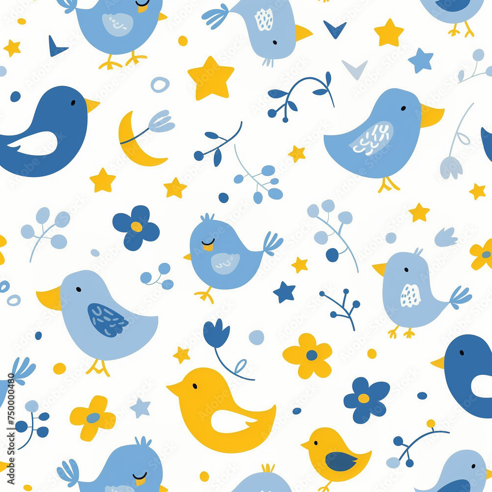 Naklejka premium Cute Floral Star Moon Bird Seamless Pattern