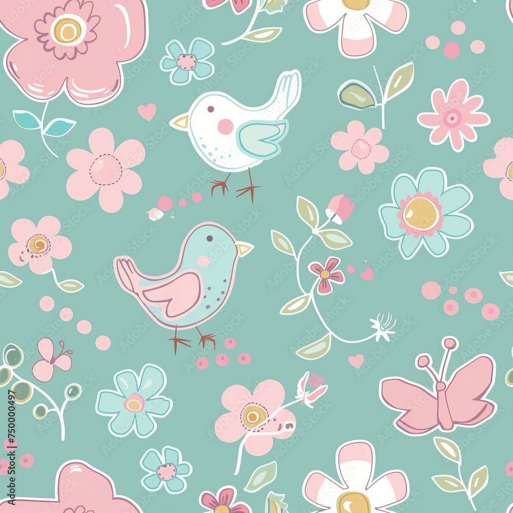 Cute Floral and Bird Seamless Pattern 