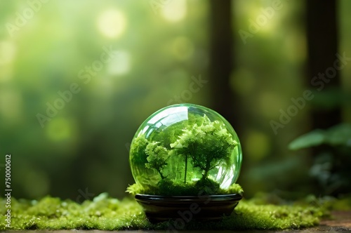 Earth transparent crystal glass globe on moss in nature background. Save green planet, save environment, ecology, survival of the planet, energy saving concept. World Environment Day June 5