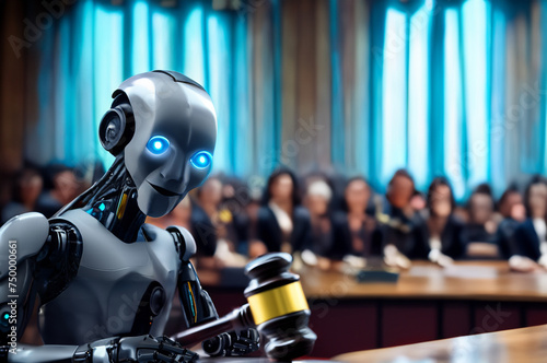 AI Lawyer chatbot. Robot lawyer in court. Robot generate content for advocate in court. Robot with Judge hammer in courtroom. AI Robot on chatGPT generated analytic for judge. Artificial Intelligence