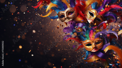 Carnival background with masks confetti