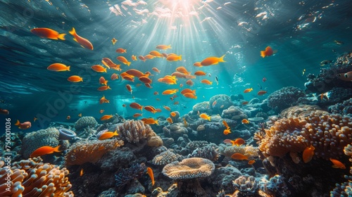 Vibrant coral reef teeming with fish, illuminated by sun rays underwater