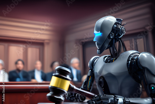AI Lawyer chatbot. Robot lawyer in court. Robot generate content for advocate in court. Robot with Judge hammer in courtroom. AI Robot on chatGPT generated analytic for judge. Artificial Intelligence photo