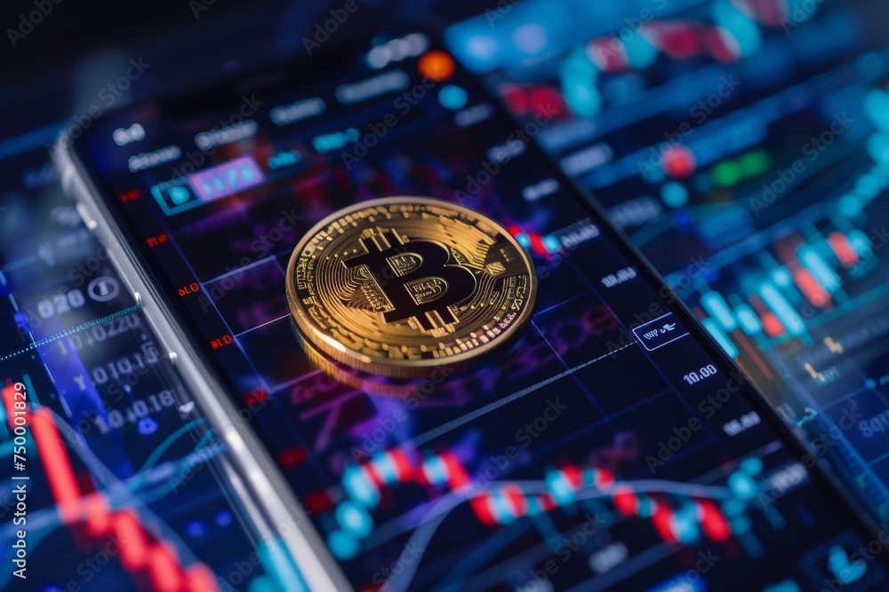 Detailed Close-Up of Glowing Bitcoin Icon on Smartphone Screen with Skyrocketing Price Notifications and Steep Upward Trend Graph in Background, Emphasizing Chaos and Financial Turmoil Concept Detailed Close-Up of Glowing Bitcoin Icon on Smartphone Screen with Skyrocketing Price Notifications and Steep Upward Trend Graph in Background, Emphasizing Chaos and Financial Turmoil Concept
