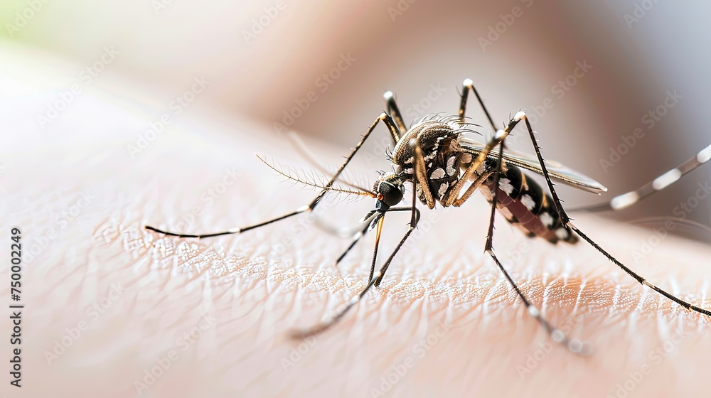 Close-up photo of a mosquito on a human skin. The delicate legs of a mosquito delicately touch human skin. Close-up photo of a mosquito on a human skin. The delicate legs of a mosquito delicately touch human skin.