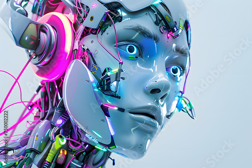 a female humanoid figure with complex mechanical and electronic details showing colorful and futuristic components. Most of her face looks human. The components are colorful, with dominant shades of b