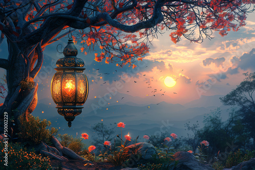 Lantern hangs from a tree in a field of flowers