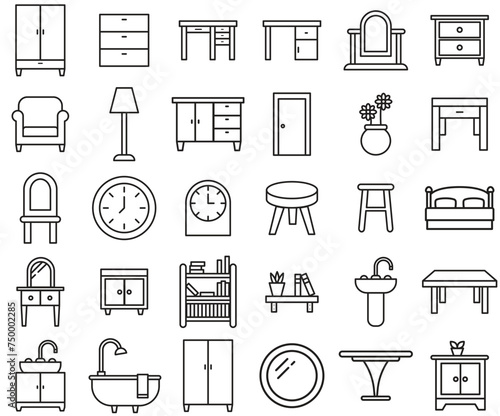 Furniture and household Black icon set, vector illustrator