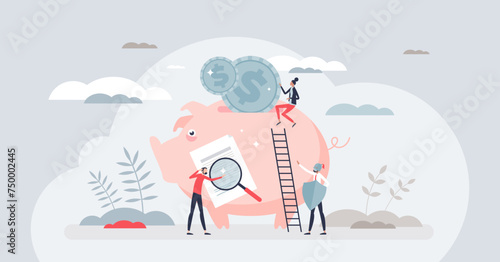 Financial wellness and personal savings protection tiny person concept. Steady income flow and big bank deposit for retirement vector illustration. Professional economist wealth and money management.
