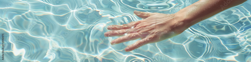 Fototapeta premium Human hand touching calm water, creating ripples